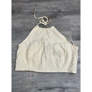 HOUSE OF HARLOW 1960 Revolve ivory Linen Cropped Halter bead Tassel Tab S NWT